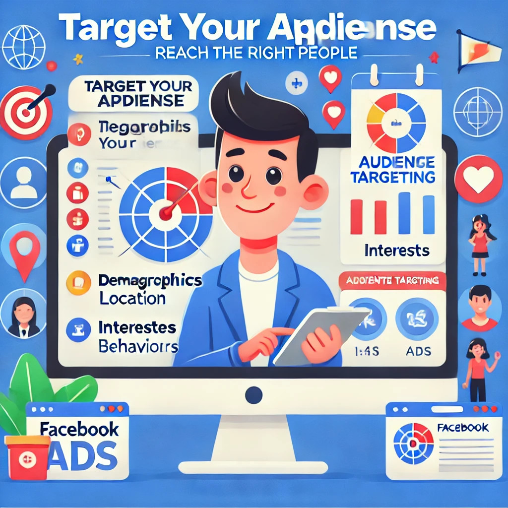 DALL.E-2024-11-04-18.51.43---A-4_3-cartoon-style-illustration-of-a-Facebook-ads-audience-targeting-concept.-The-image-shows-a-friendly-marketer-character-managing-a-dashboard-wit